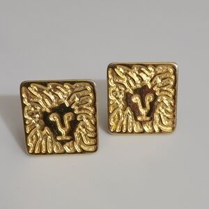 Vintage Anne Klein lion earrings clip on gold chunky square logo 80's estate